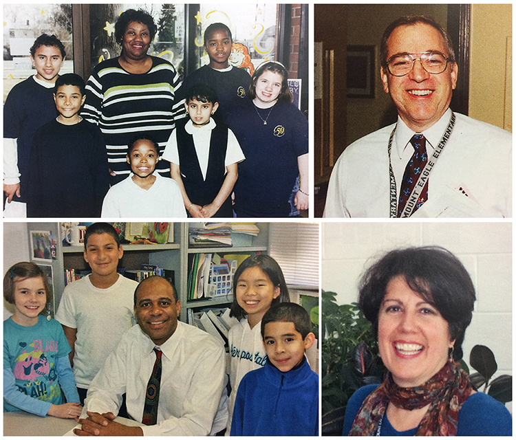 Yearbooks portraits of principals Cynthia Buck, Steven Adleberg, Brian Butler, and Jean Consolla. Buck and Butler are pictured with groups of children. 
