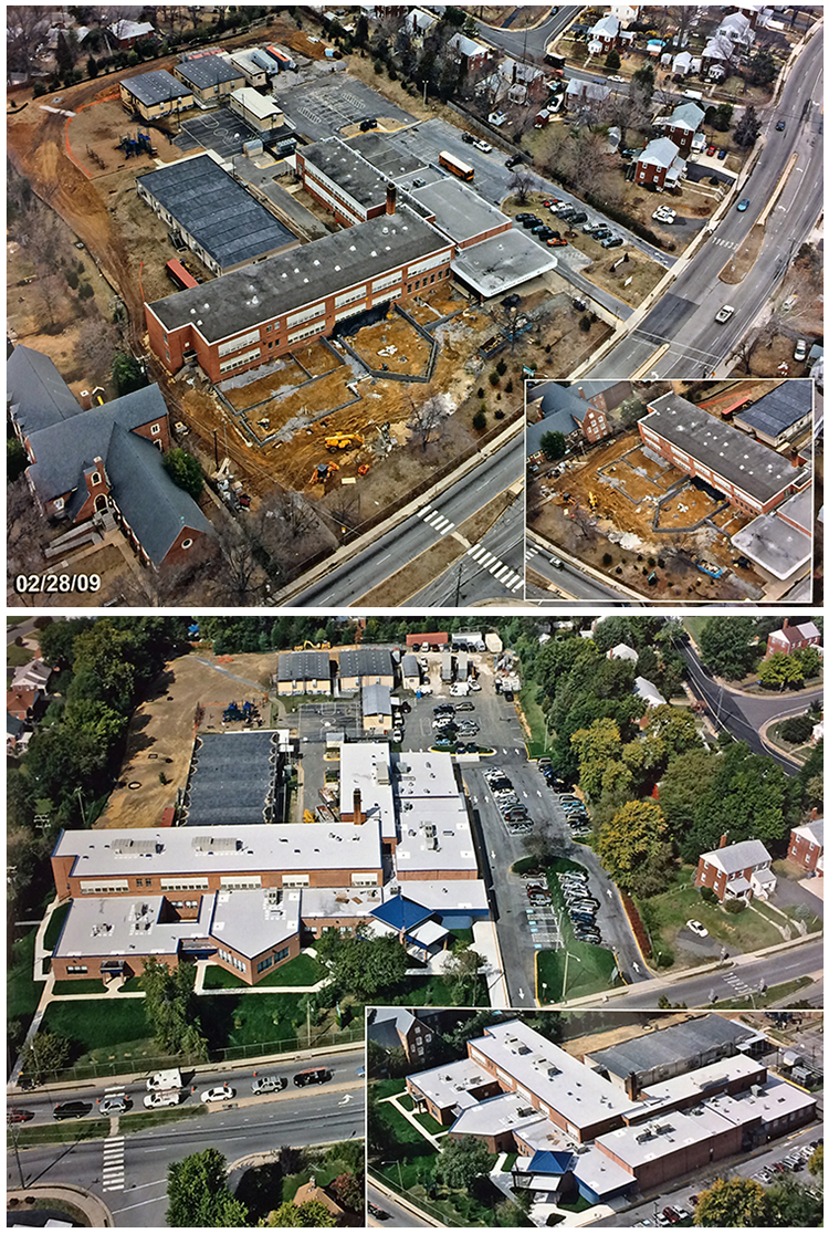 Aerial photographs showing construction progress taken on February 28, 2009, and October 1, 2009. In February, the grounds in front of the school have been cleared of vegetation and the outline of the new cinderblock walls is visible. In October the additions to the outside of the building appear largely complete. The grounds have lush green grass and new trees have been planted. The old portions of the building look brand new.   