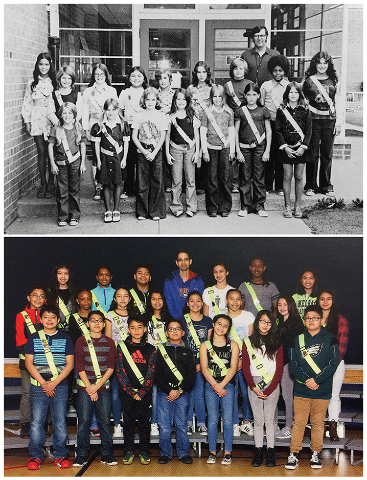 Photographs of Mount Eagle's Safety Patrol from our 1976 and 2017 yearbooks. The above photograph, from 1976, is black and white. The bottom photograph is in color. The students wear a reflective sash and it appears the sash is nearly identical in style in both images. In 1976, there are 16 students pictured, mostly girls, standing in front of the old main entrance to our building. In 2017, there are 21 students pictured, an even mix of boys and girls, standing on risers in the gymnasium.   
